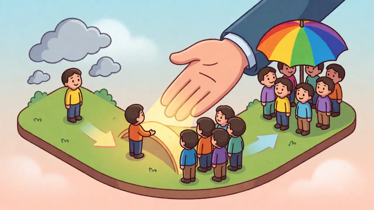 Isometrická ilustrace cyklu normalizace, přechodu od izolace k pocitu sounáležitosti