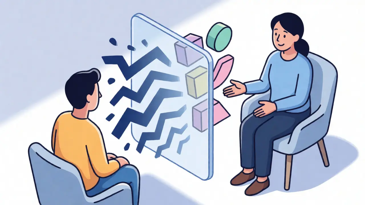 Isometrická ilustrace znázorňující reflexi emocí, kde se chaotické tvary mění na uspořádané formy