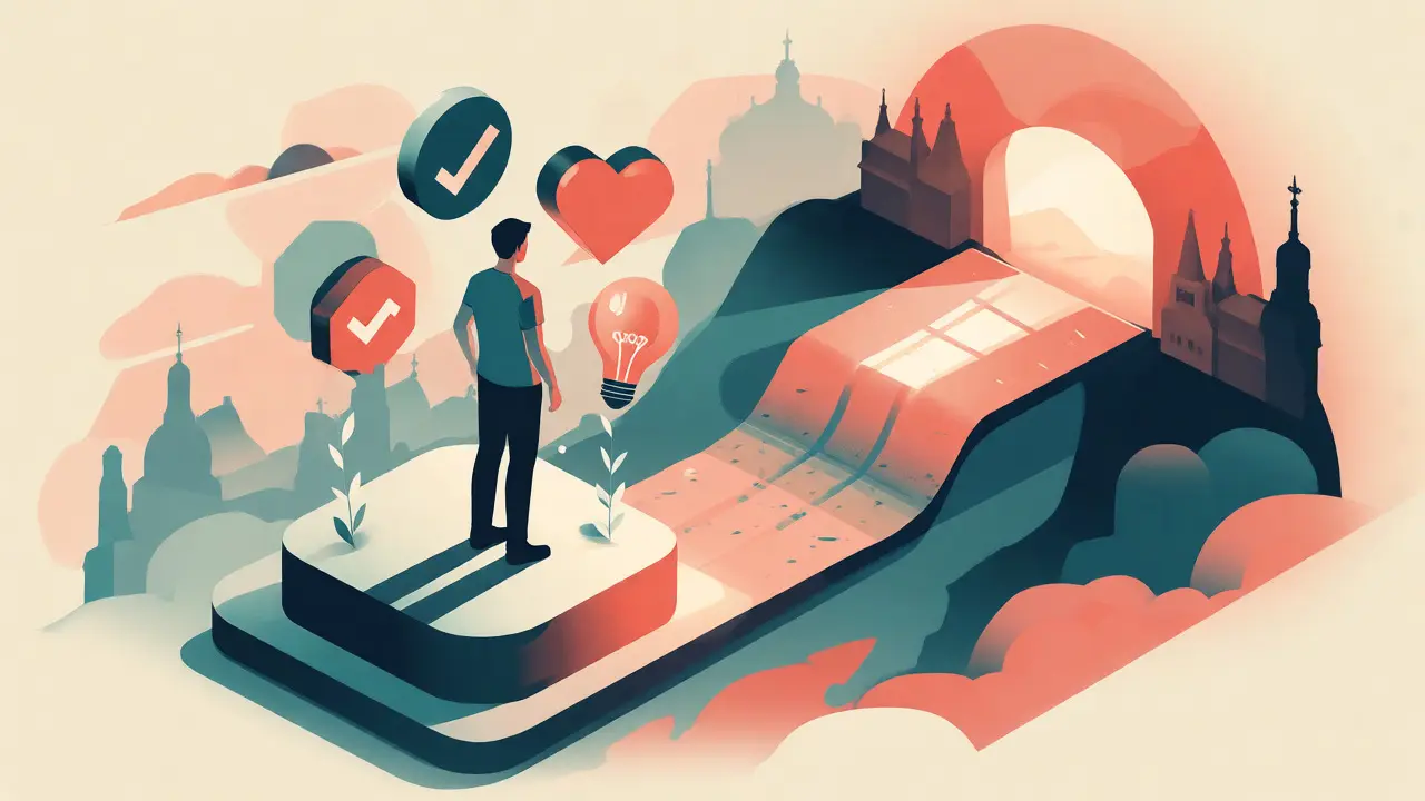 Konceptuální ilustrace mentálního zdraví s cestou vpřed a symboly pokroku a jasnosti.