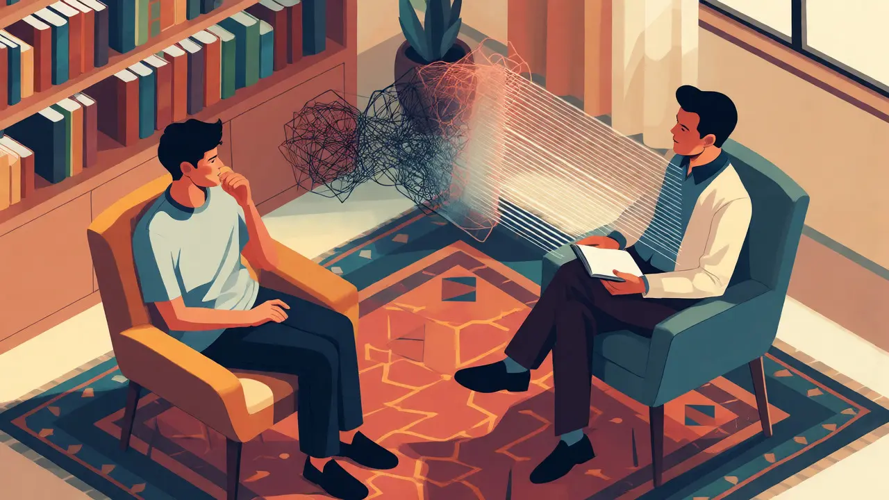 Therapist and client talking in an isometric office setting