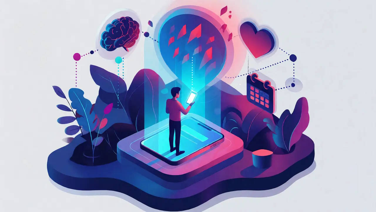 Digitální nástroje KBT chránící před stresem v moderní isometrické ilustraci