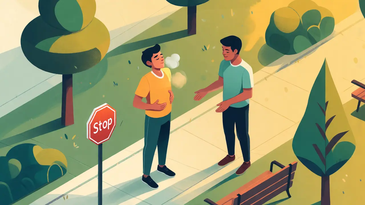 Izometrická ilustrace osoby uplatňující dýchací techniky v parku
