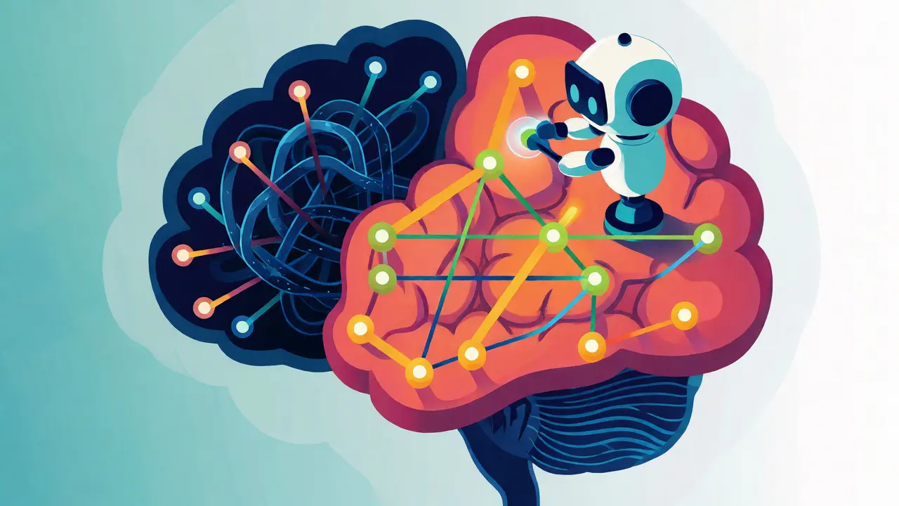 Izometrická ilustrace přestavby mozkových spojů pomocí KBT technik
