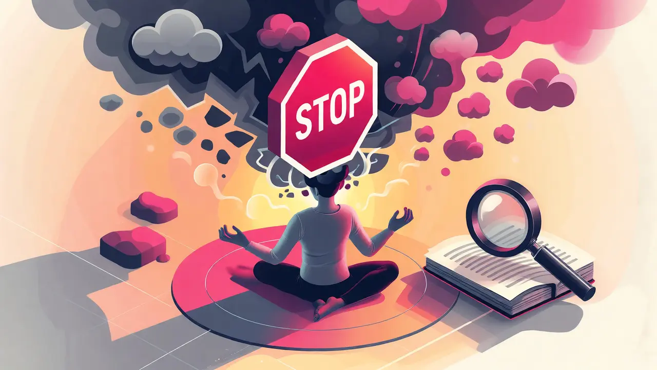Postava používající STOP techniku k zastavení negativních myšlenek