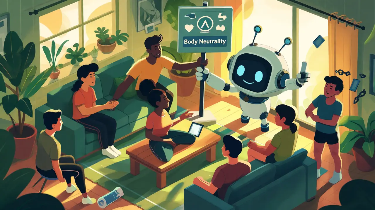 Skupina mladých lidí praktikujících body neutrality v teplém interiéru.